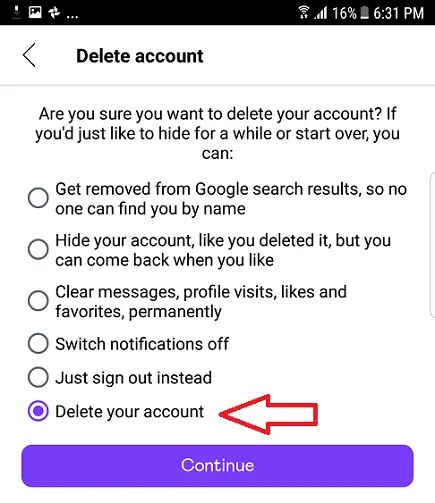 The image shows the Badoo delete account screen.