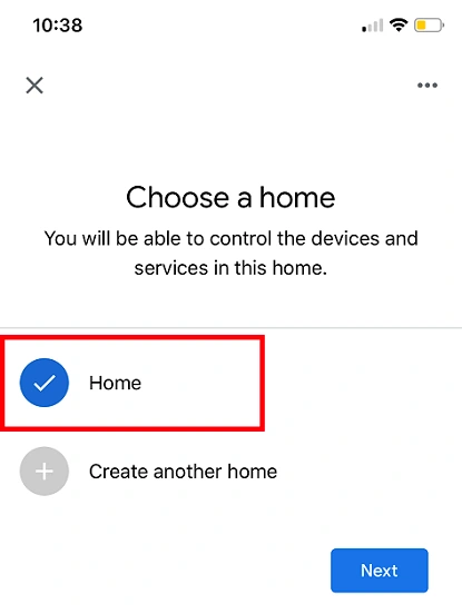 The image shows a smartphone screenshot highlighting Home as a chosen option.