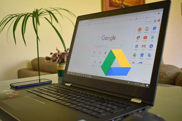 Laptop showing Google page with enlarged Google Drive icon
