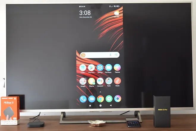 Xiaomi Poco X3 Pro phone screen on a TV connected to a Xiaomi Mi Box S 4k