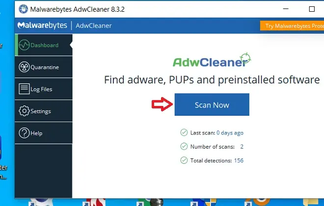 Scan now option on AdwCleaner