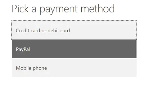 Option to choose a means of payment in the Microsoft offer to get Office free for a month
